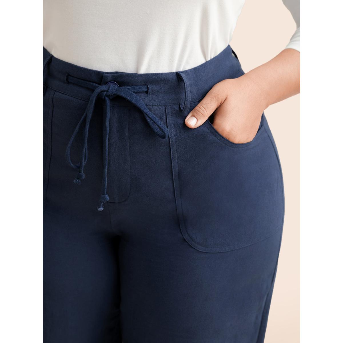 Plus Size Mid Rise Drawstring Wide Leg Pants Women Indigo Casual Wide Leg Mid Rise Everyday Pants BloomChic 12/L Product Image