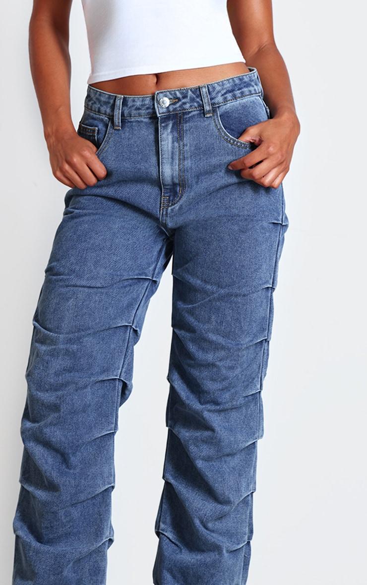 Vintage Wash Ruched Straight Leg Denim Jeans Product Image