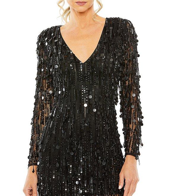 Mac Duggal Sequin Fringe V-Neck Long Sleeve Mini Sheath Dress Product Image
