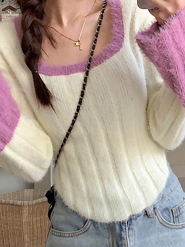 Contrast Color Splice Trumpet Sleeve Slim Sweater Product Image