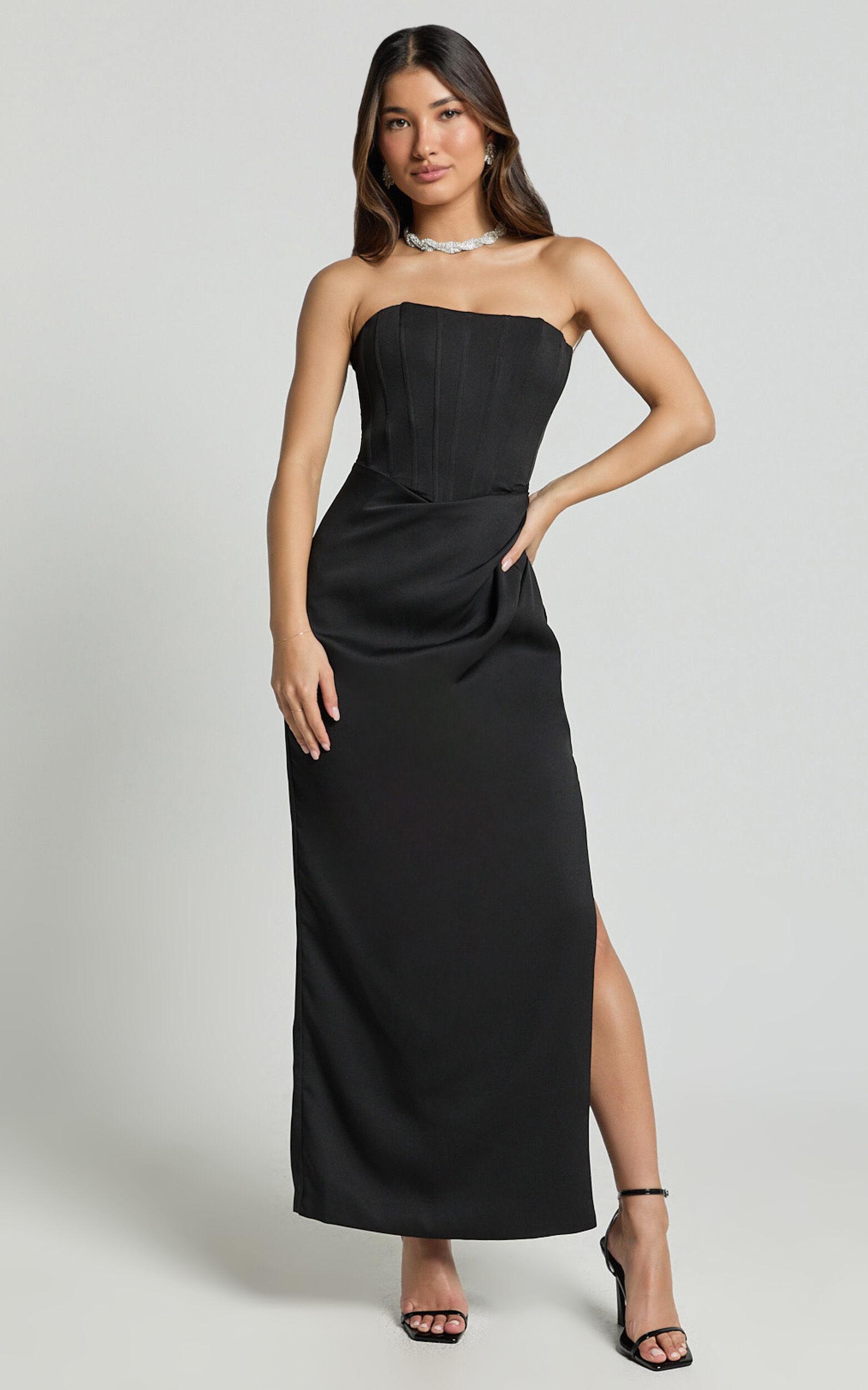 Avery Midi Dress - Strapless Draped Side Split Dress in Black Product Image