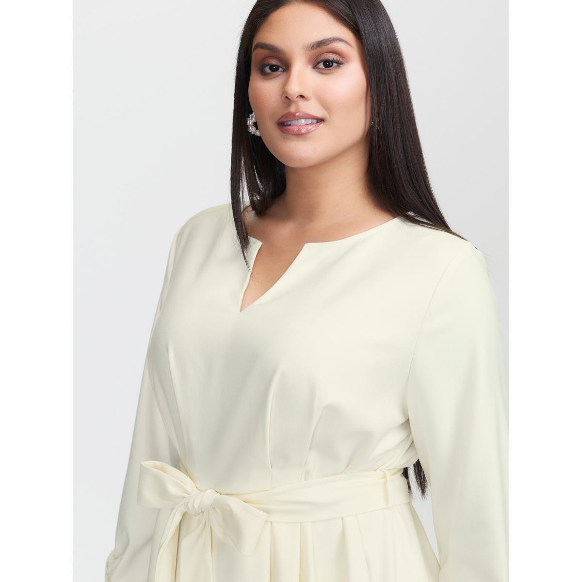 Plus Size Pleated Split Neck Waist-Tie Maxi Dress Ivory Women Office Belted Notched collar Extra Long Sleeve Curvy BloomChic 22-24/3X Product Image