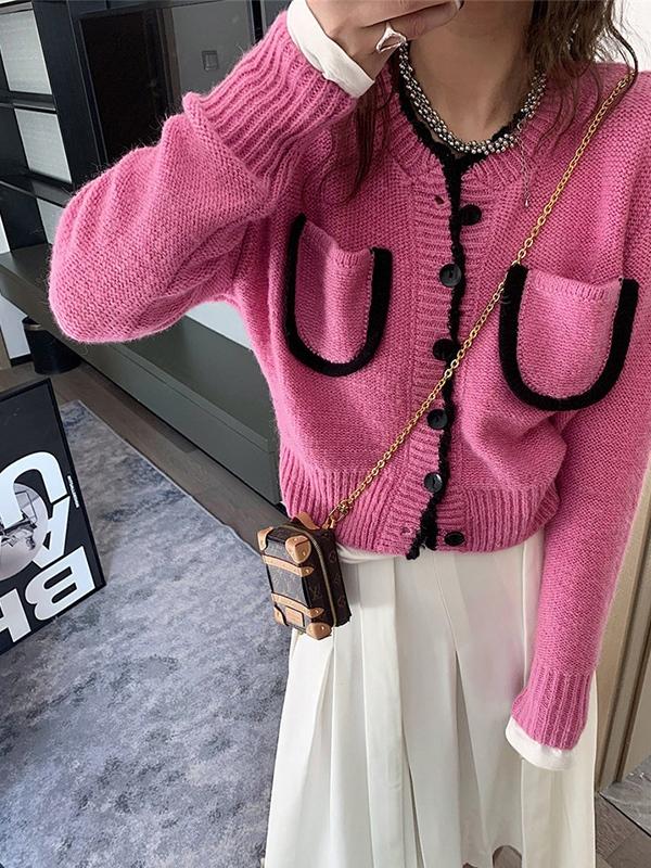 Contrast Color Trim Pocket Short Cardigan Product Image