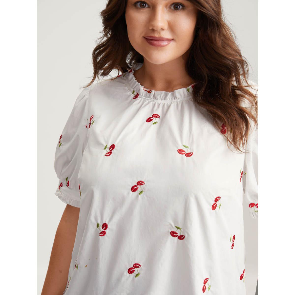 Plus Size WhiteSmoke Cotton Cherry Embroidery Ruffled Neck Blouse Women Timeless Short sleeve Round Neck Elegant Blouses BloomChic 18-20/2X Product Image