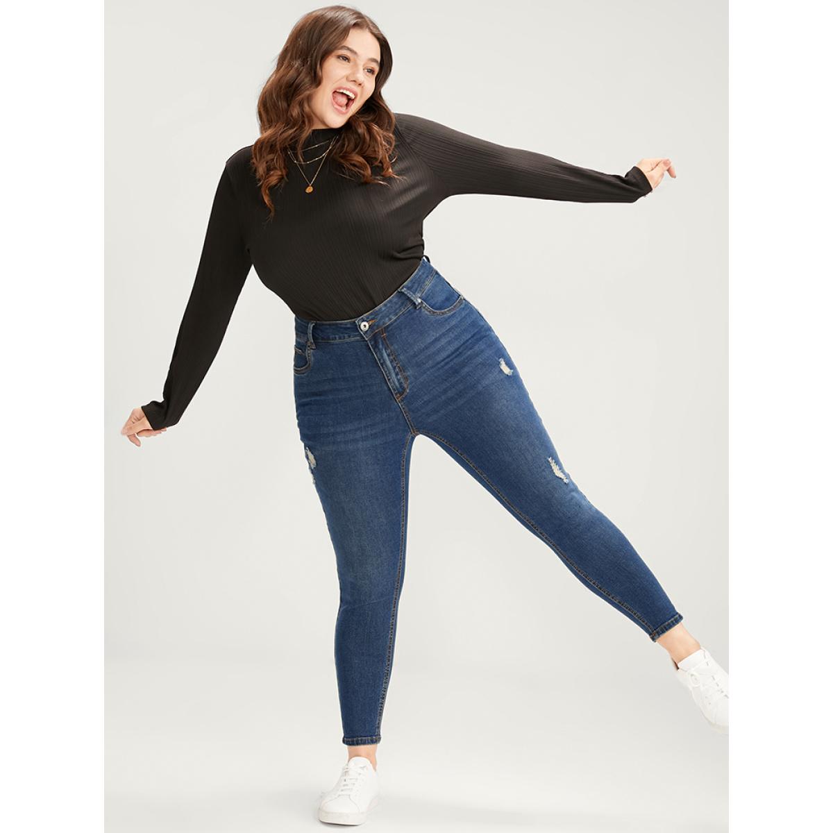 Plus Size Skinny Moderately Stretchy High Rise Dark Wash Distressed Ankle Jeans Women Indigo Casual Plain Zipper Medium stretch Pocket Jeans BloomChic 14/1X Product Image