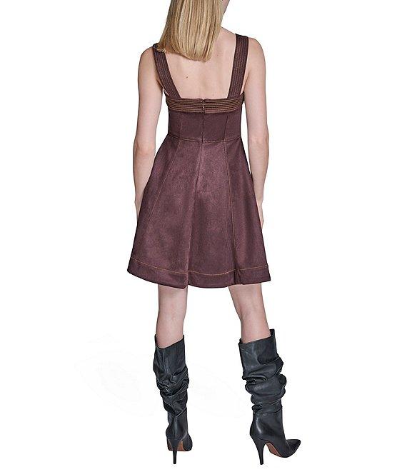 BCBG Suede Square Neck Sleeveless Wide Strap Fit & Flare Dress Product Image
