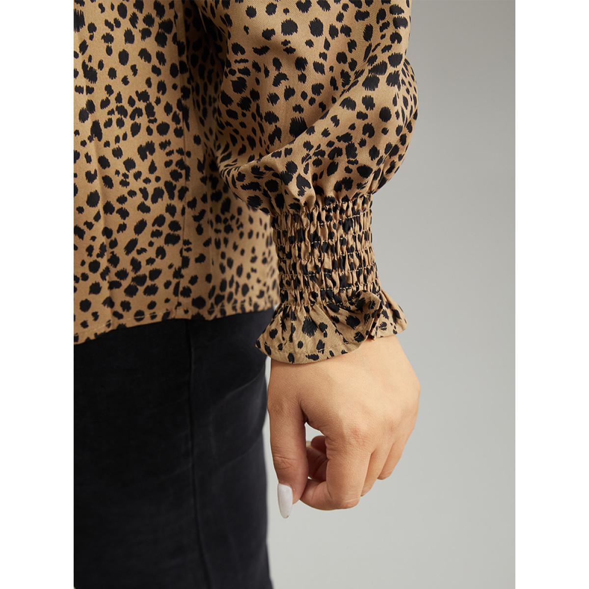Plus Size Brown Leopard Shirred Notched Lantern Sleeve Blouse Women Elegant Long Sleeve Notched collar Dailywear Blouses BloomChic 22-24/3X Product Image