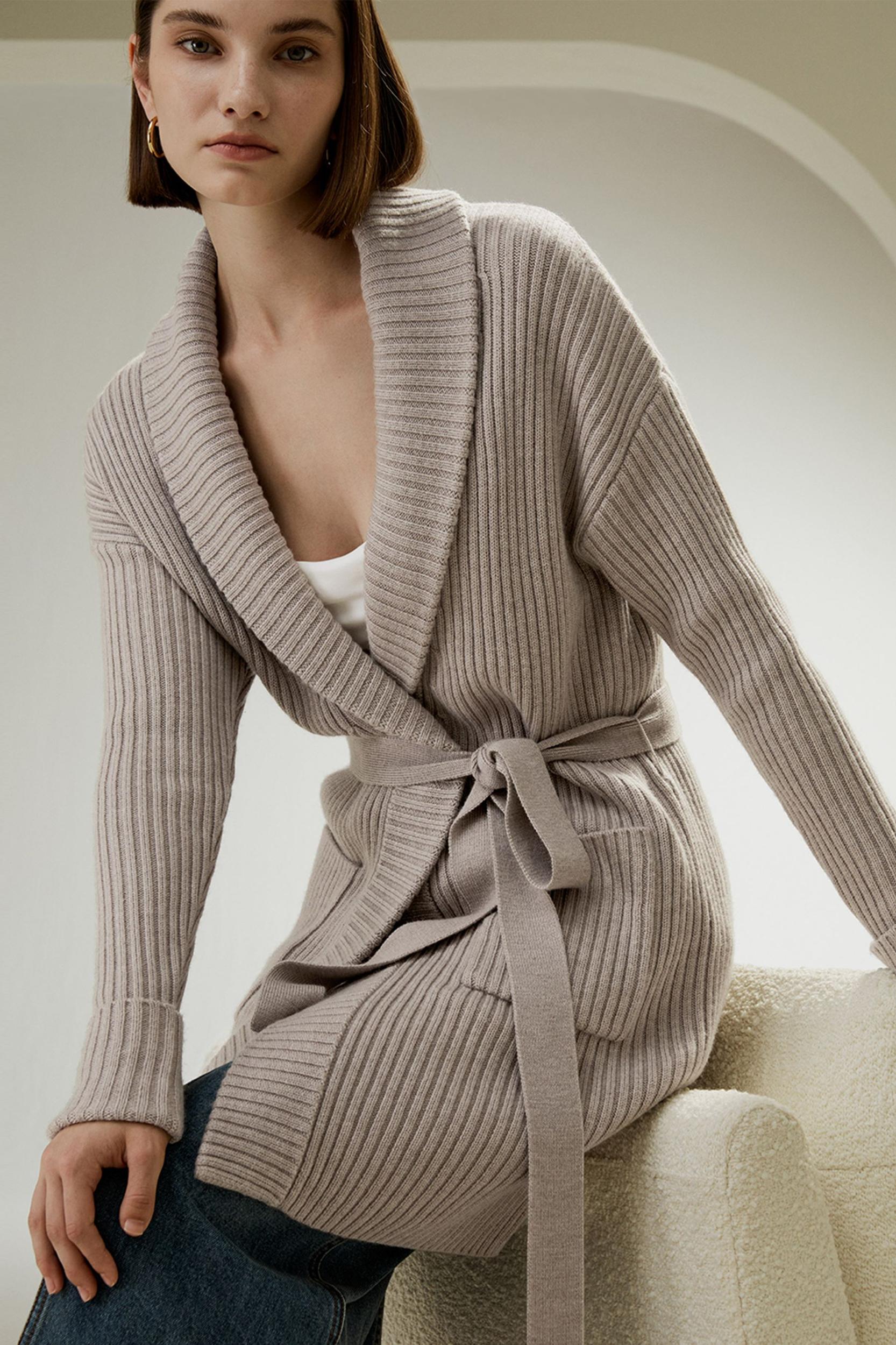 LILYSILK Wool Cardigans Womens Camel Pure Wool Elegant Belted Sweater L Product Image