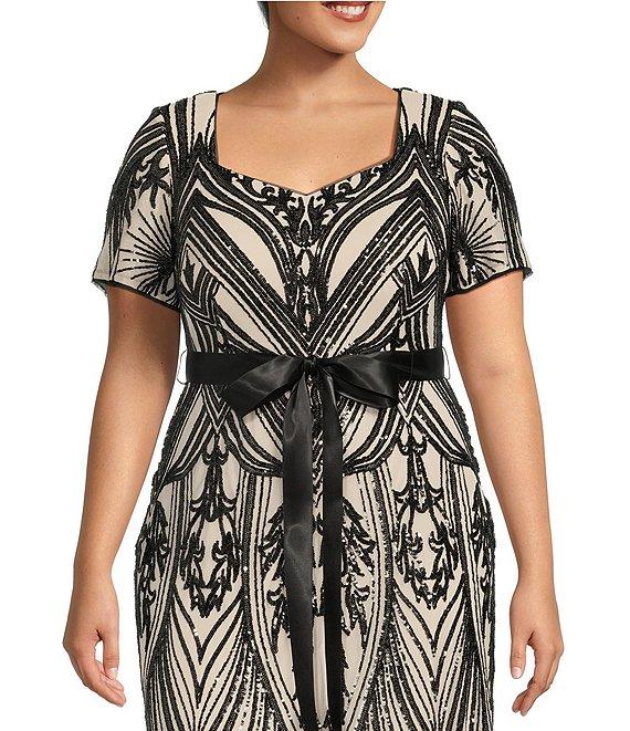 R & M Richards Plus Size Short Sleeve Sweetheart Neck Embellished Sequin Gown Product Image