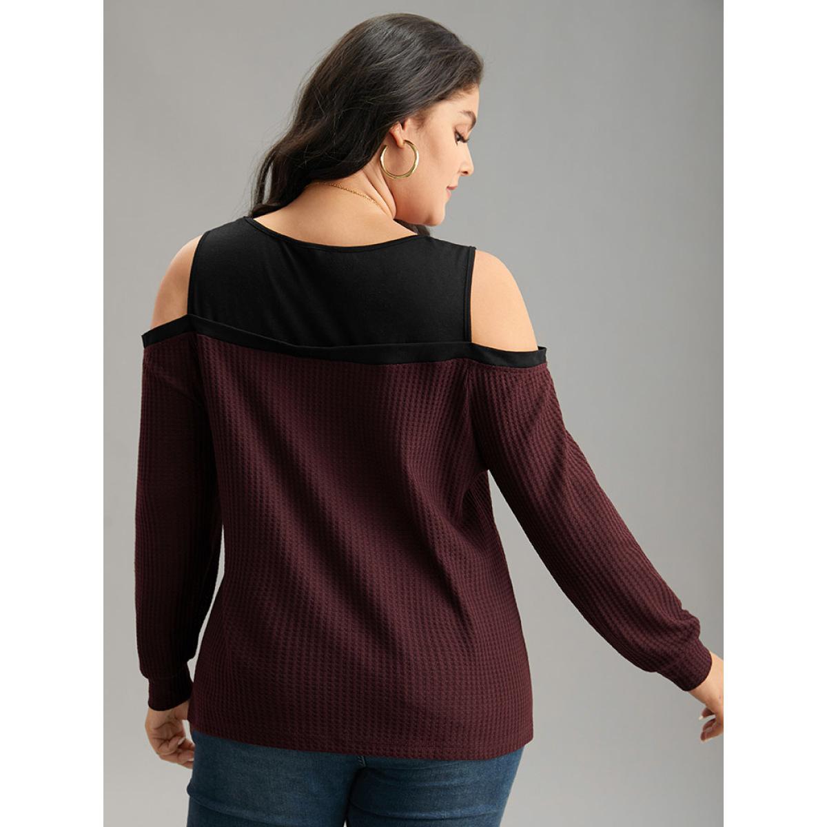 Plus Size Cold Shoulder Patchwork Contrast Waffle Knit T-shirt Burgundy Women Casual Waffle Knit Plain Cold Shoulder Dailywear T-shirts BloomChic 10/M Product Image