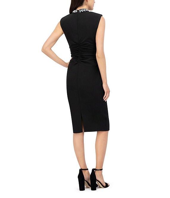 Eliza J Laguna Crepe Beaded Mock Neck Sleeveless Ruched Midi Dress Product Image