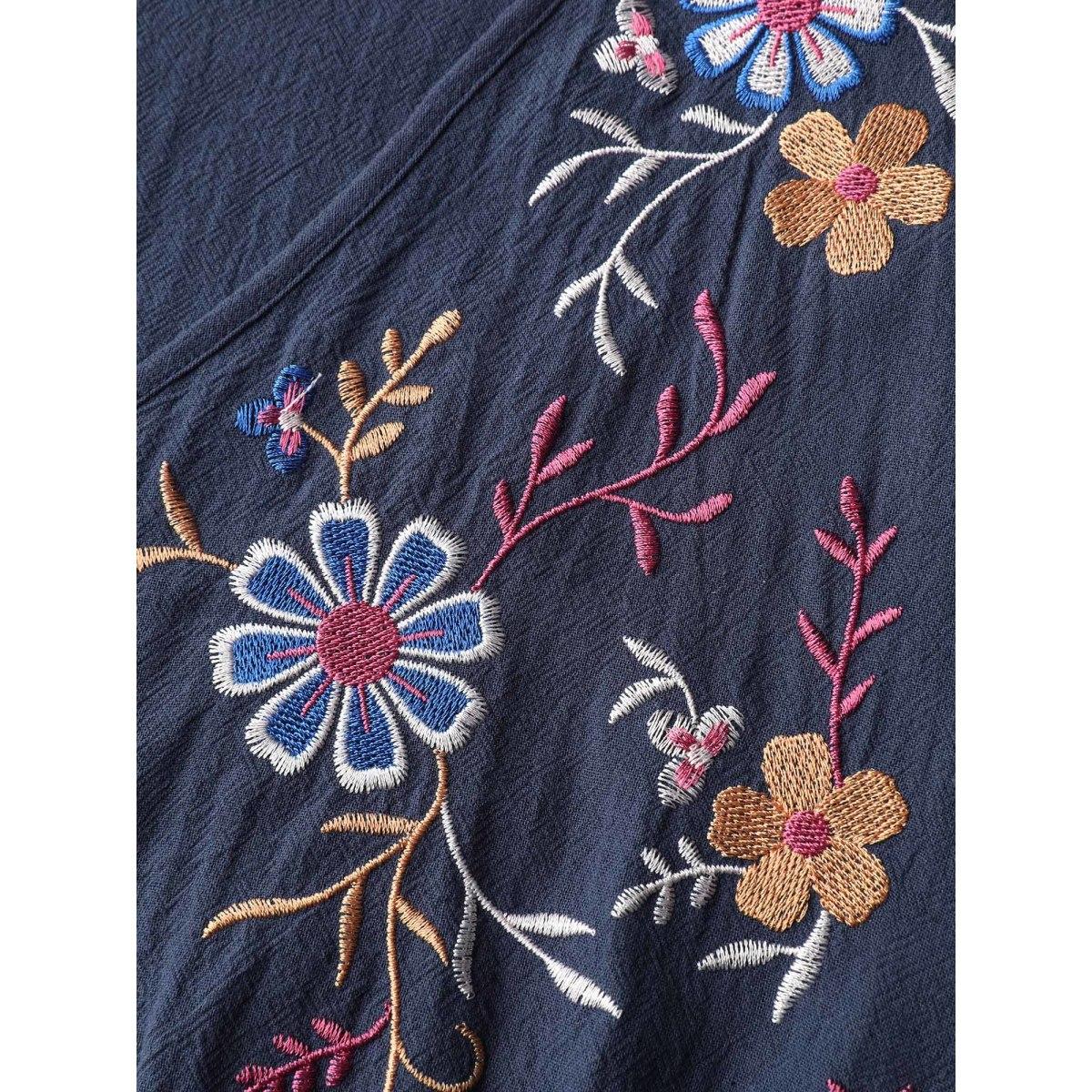 Plus Size Pure Cotton Embroidered Neckline Midi Dress Indigo Women Leisure Gathered V-neck Extra Long Sleeve Curvy BloomChic 30/6X Product Image