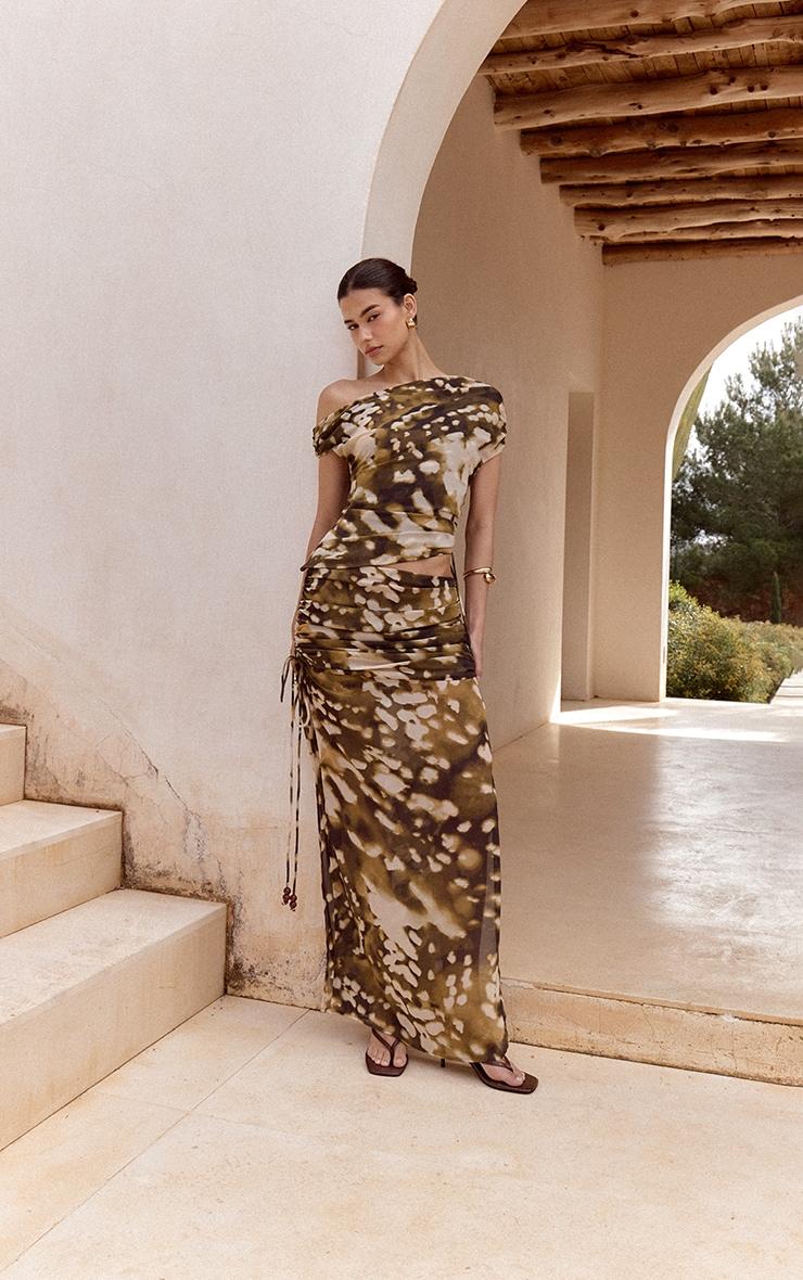 Stone Blurred Abstract Printed Chiffon Ruched Bead Detail Maxi Skirt Product Image