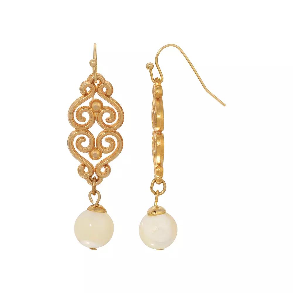 1928 Gold-Tone Filigree Mother of Pearl Bead Drop Earrings, Womens, White Product Image