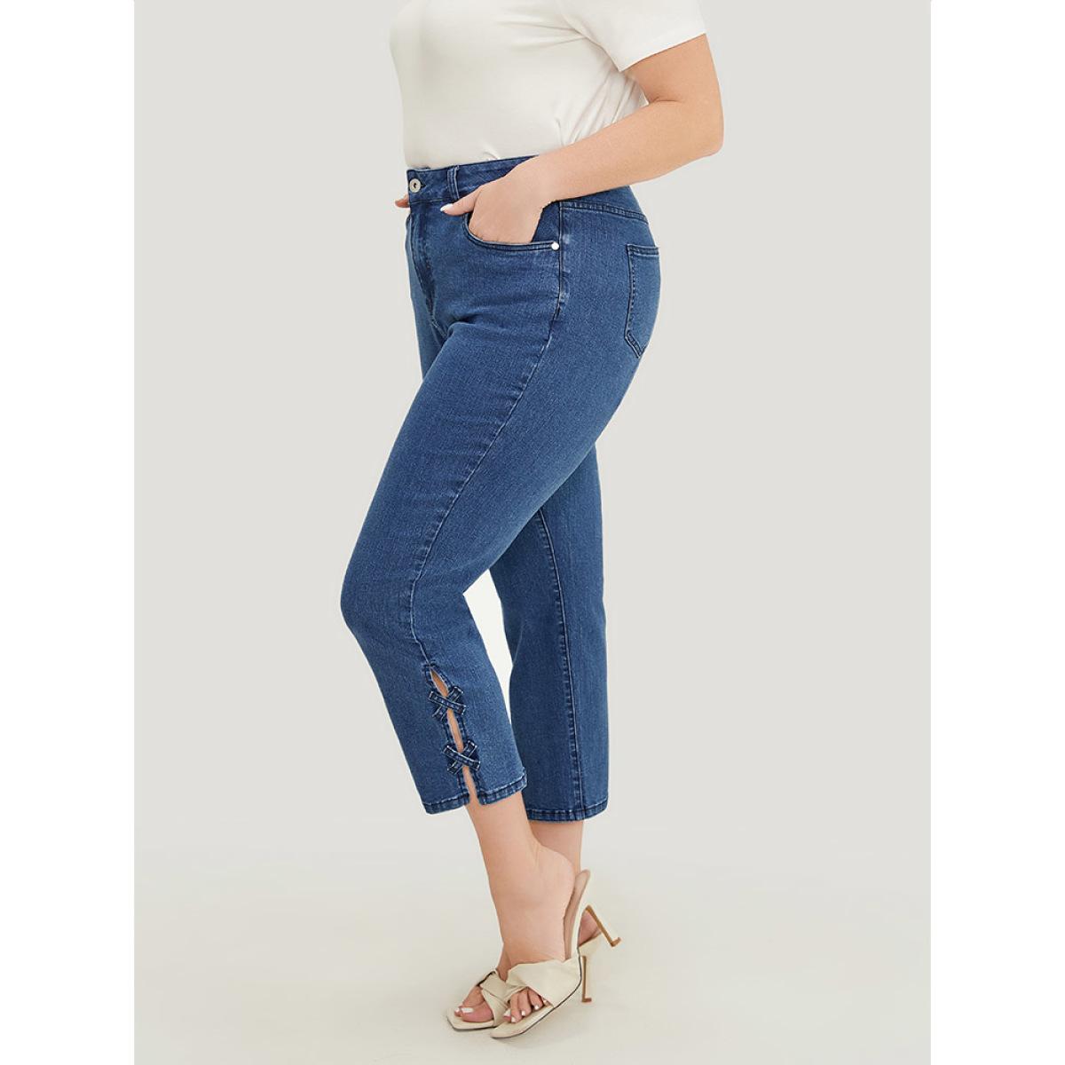 Plus Size Very Stretchy Medium Wash Patched Detail Cut Out Jeans Women Blue Casual Plain Cut-Out High stretch Pocket Jeans BloomChic 12/L Product Image