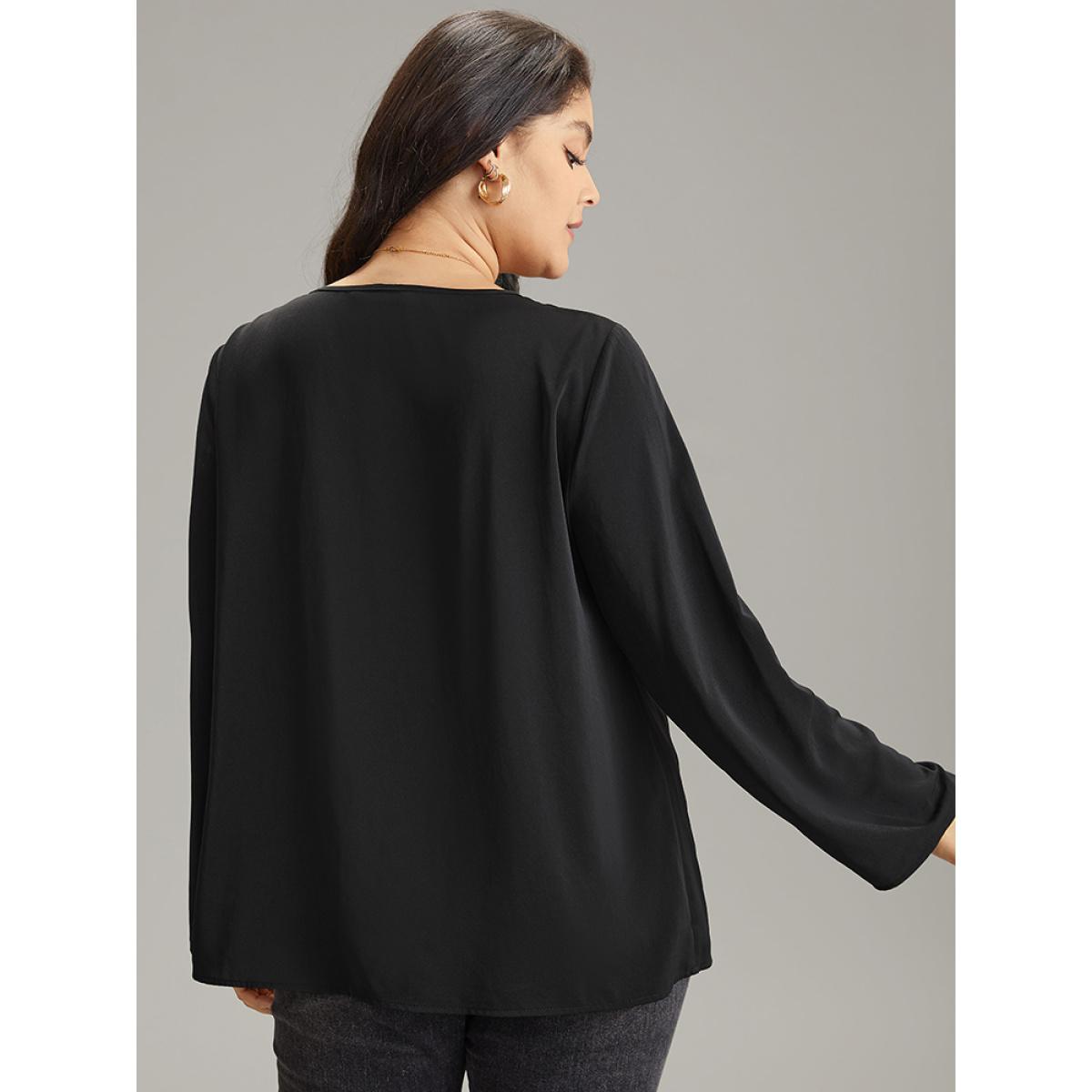 Plus Size Black Static-Free Plain Keyhole Chain Detail Blouse Women Office Long Sleeve Keyhole Cut-Out Office Blouses BloomChic 14-16/1X Product Image