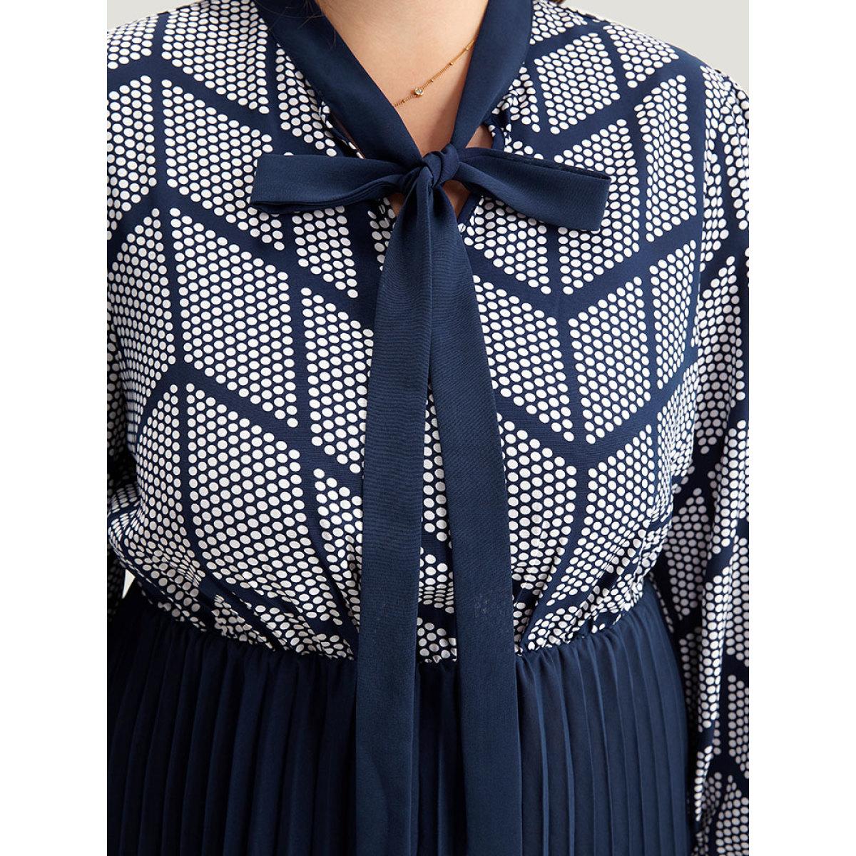Plus Size Contrast Patchwork Ties Pleated Dress Indigo Women Office Printed Tie Neck Long Sleeve Curvy Midi Dress BloomChic 30/6X Product Image
