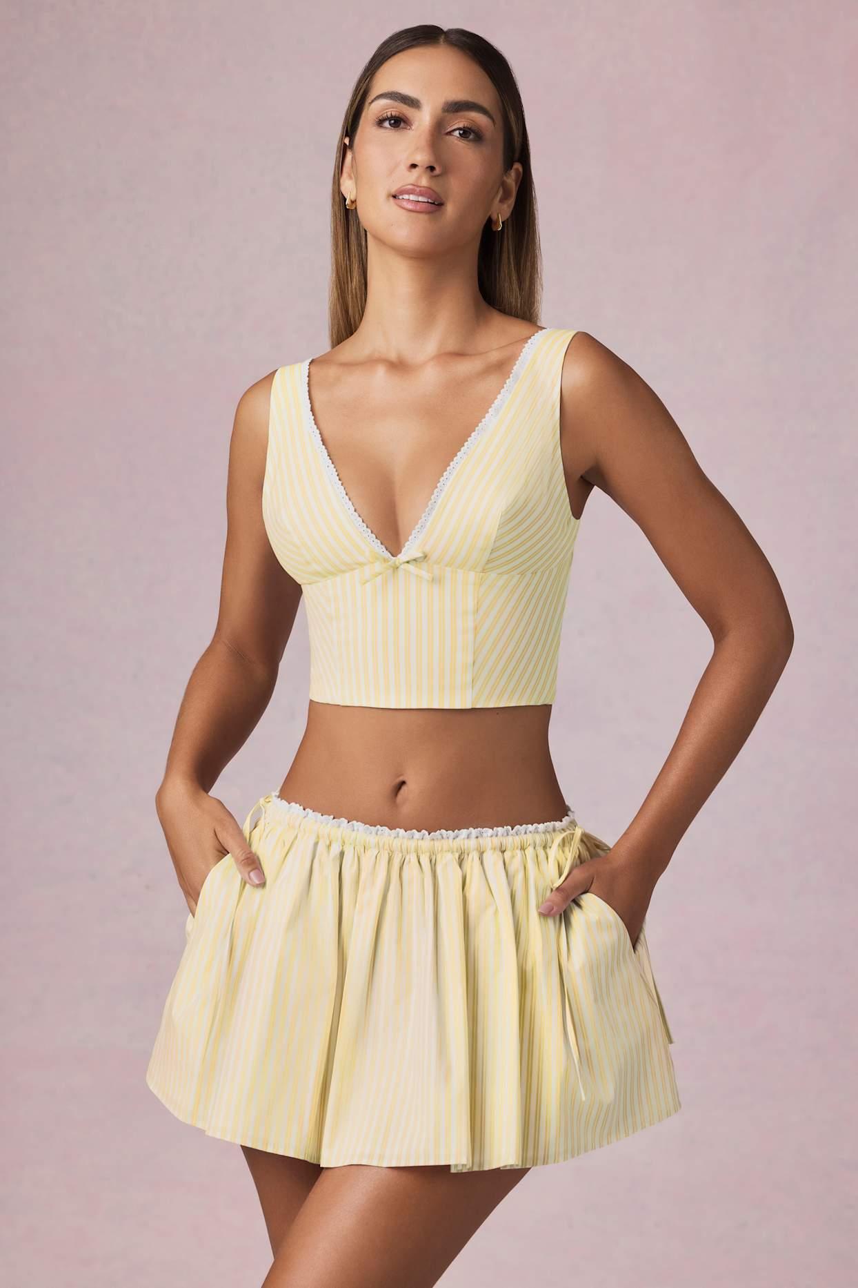 Ruched Drawstring Mini Skirt in Lemon Yellow Stripe Product Image