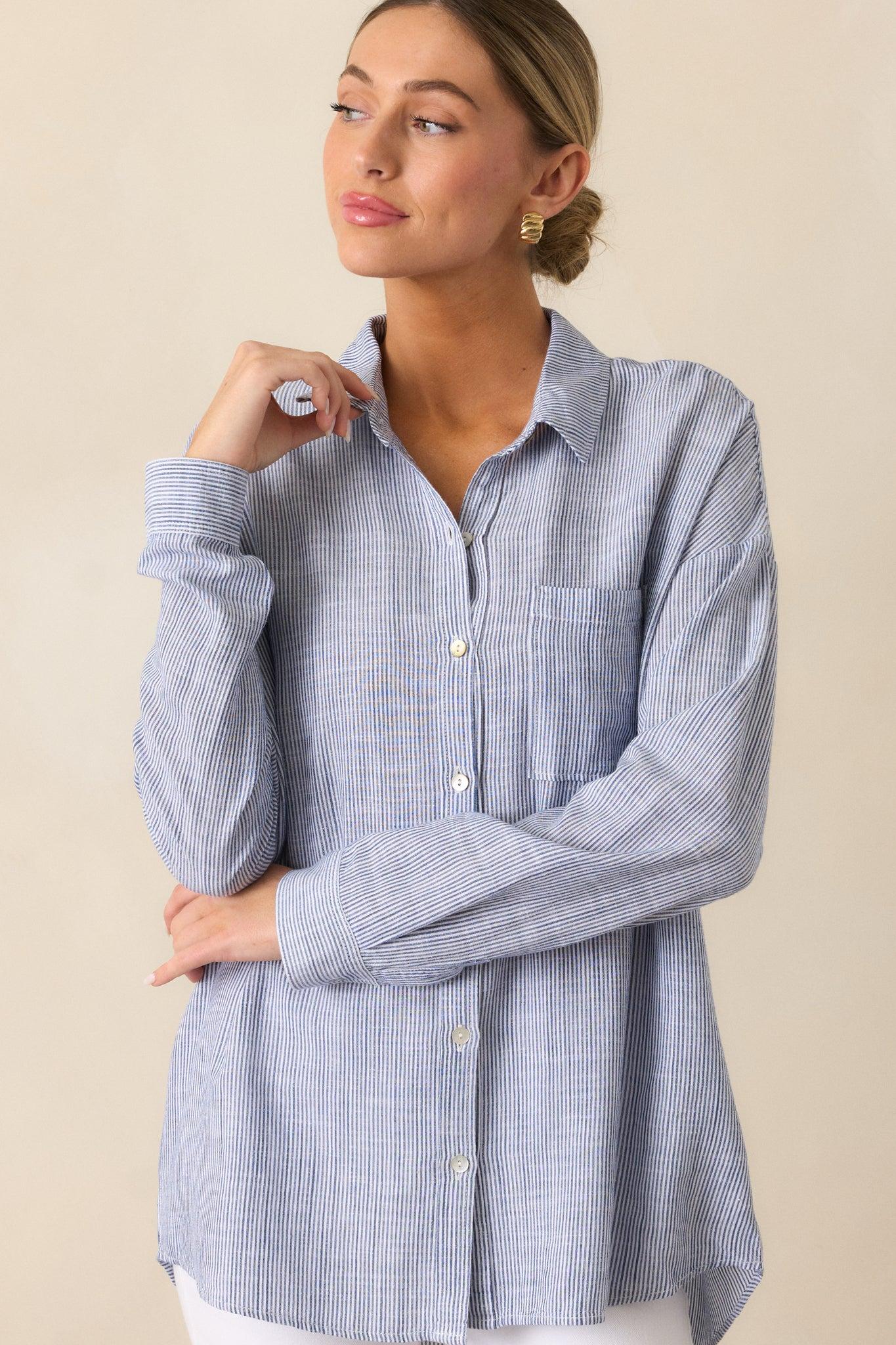 What Do You Mean Blue Stripe Linen Blend Button Front Top Product Image