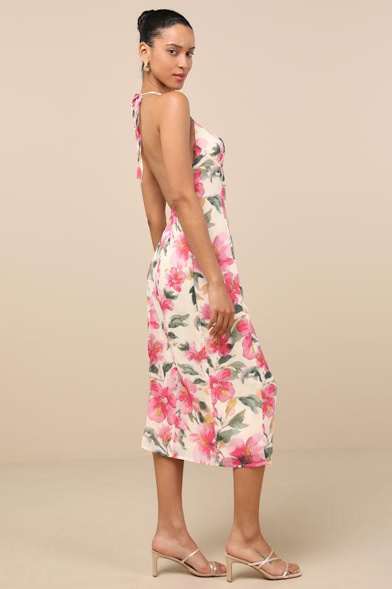 Harleigh Light Yellow Floral Column Halter Midi Dress Product Image