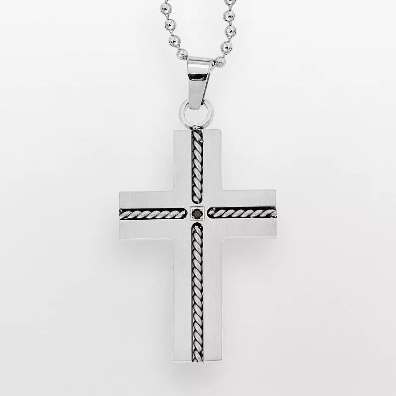 Stainless Steel Black Diamond Accent Cross Pendant - Men, Mens Grey Product Image