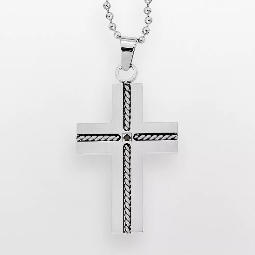 Stainless Steel Black Diamond Accent Cross Pendant - Men, Mens Grey Product Image