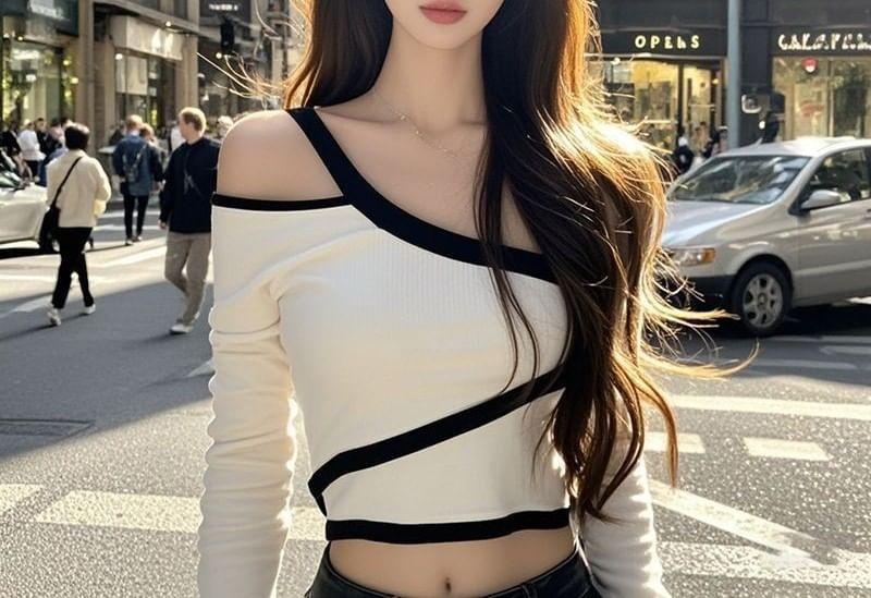 Long-Sleeve Off-Shoulder Contrast Trim Cutout Slim Fit Crop Top Product Image