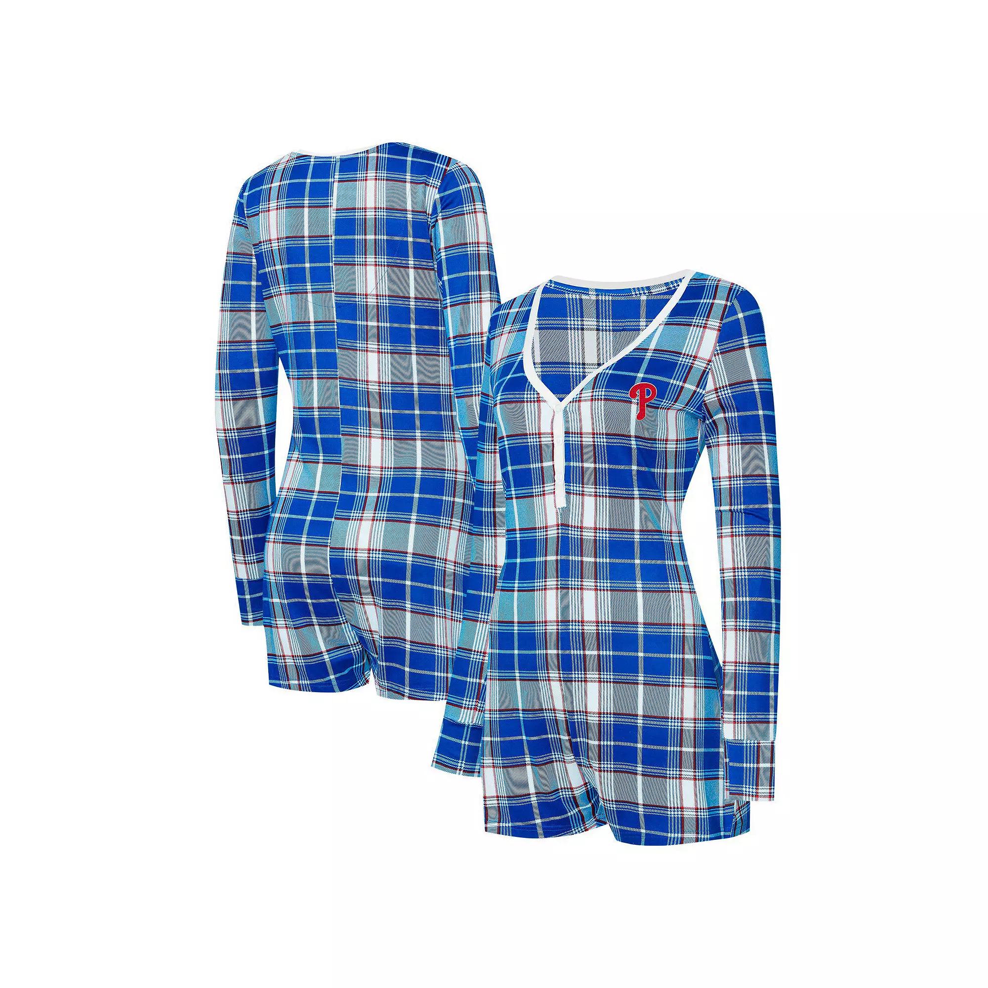 Women's Concepts Sport Royal Philadelphia Phillies Ashford Plaid V-Neck Knit Romper, Size: 2XL, Blue Product Image