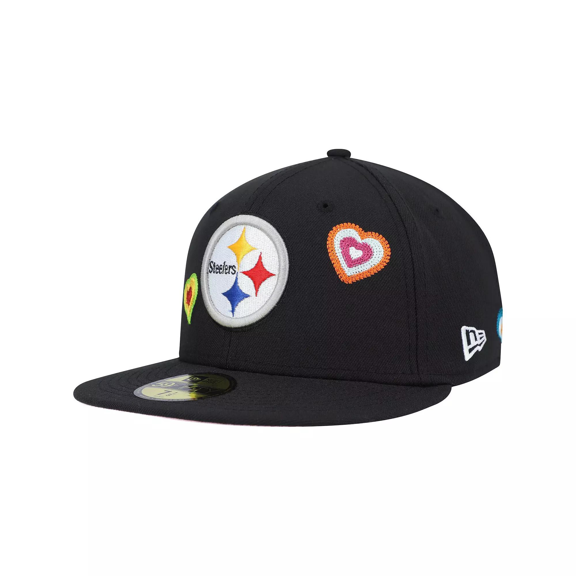 Men's New Era Black Pittsburgh Steelers Chain Stitch Heart 59FIFTY Fitted Hat,  Product Image
