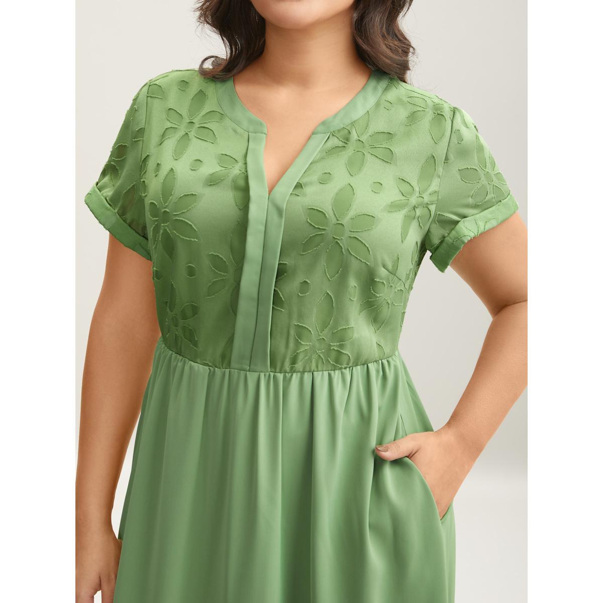 Plus Size Sheer Back Textured Cut-Out Midi Dress Greenbean Women Office Texture Notched collar Short sleeve Curvy BloomChic 28/5X Product Image