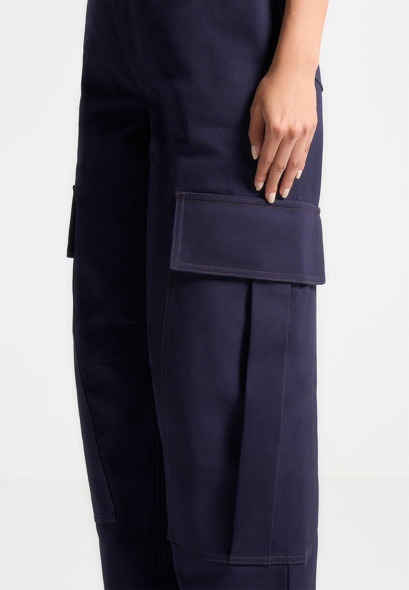 High Rise Drill Cargo Pants - Indigo Female Product Image