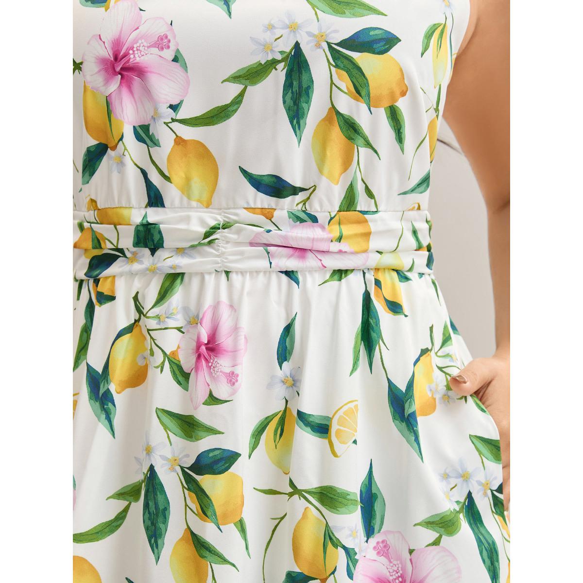 Plus Size Large Floral Pattern Pleated Waist Midi Dress WhiteSmoke Women Halter neck Sleeveless Curvy BloomChic 26/4X Product Image