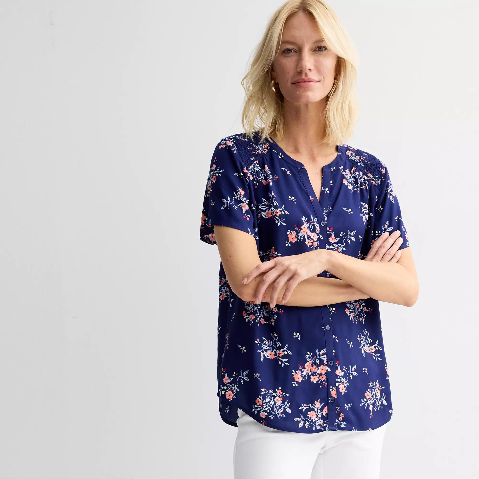 Petite Croft & Barrow® Short Sleeve Femme Blouse, Women's, Size: XXL Petite, Navy Pink Floral Product Image