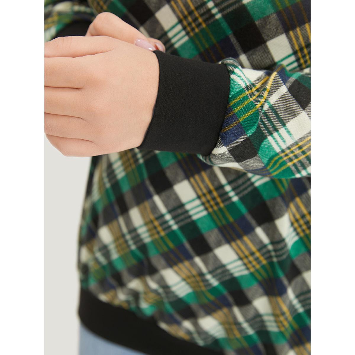 Plus Size Plaid Button Detail Elastic Cuffs Crew Neck Sweatshirt Women Green Casual Elastic cuffs Round Neck Dailywear Sweatshirts BloomChic 26/4X Product Image