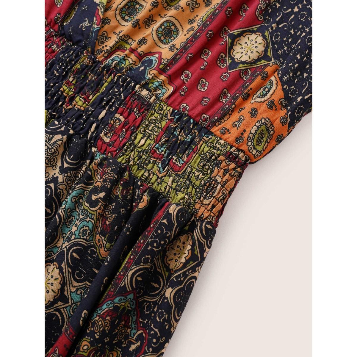 Plus Size Moroccan Print Shirred Elastic Waist Wrap Dress DarkBlue Women Resort Non Overlap Collar Elbow-length sleeve Curvy Midi Dress BloomChic 14-16/1X Product Image