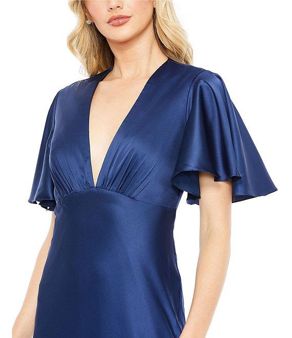 Mac Duggal Flounce Sleeve V-Neck Satin A-Line Trumpet Gown Product Image
