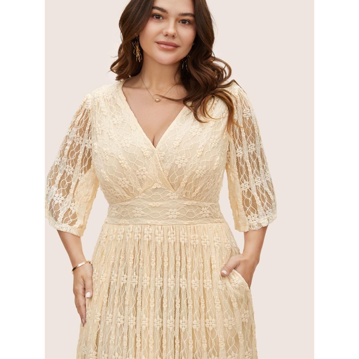 Plus Size Solid Overlap Collar Lace Panel Dress Beige Women Elegant Woven ribbon&lace trim Overlap Collar Half Sleeve Curvy BloomChic 12/L Product Image