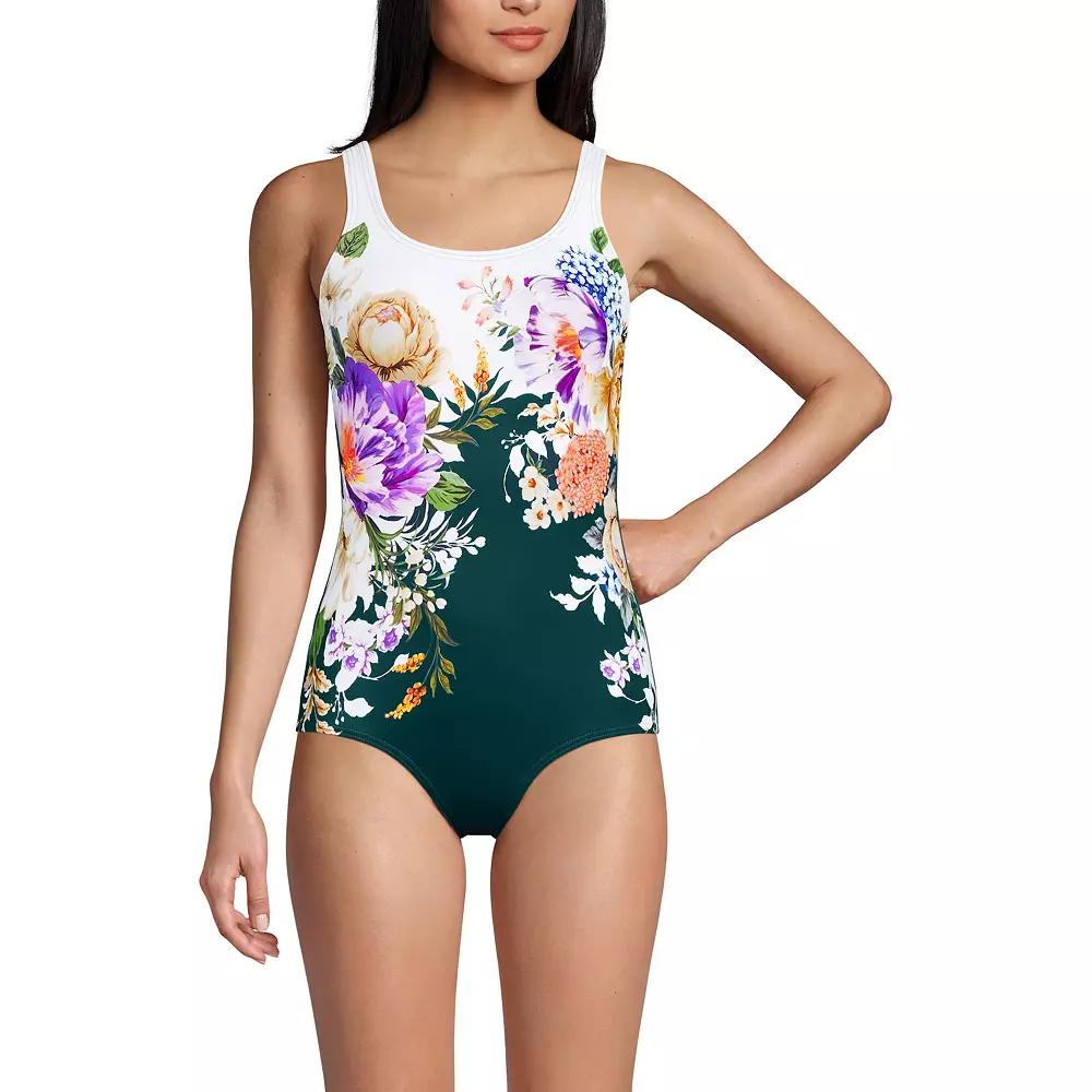 Women's Lands' End Tugless Sporty UPF 50 One-Piece Swimsuit, Size: 14, Deep Balsam Floral Product Image