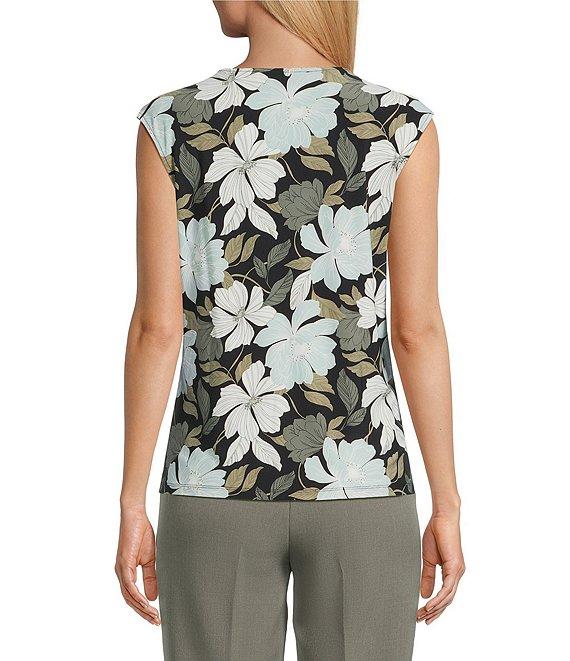 Kasper Key Petite Size Floral Keyhole Neck Cap Sleeve Top Product Image