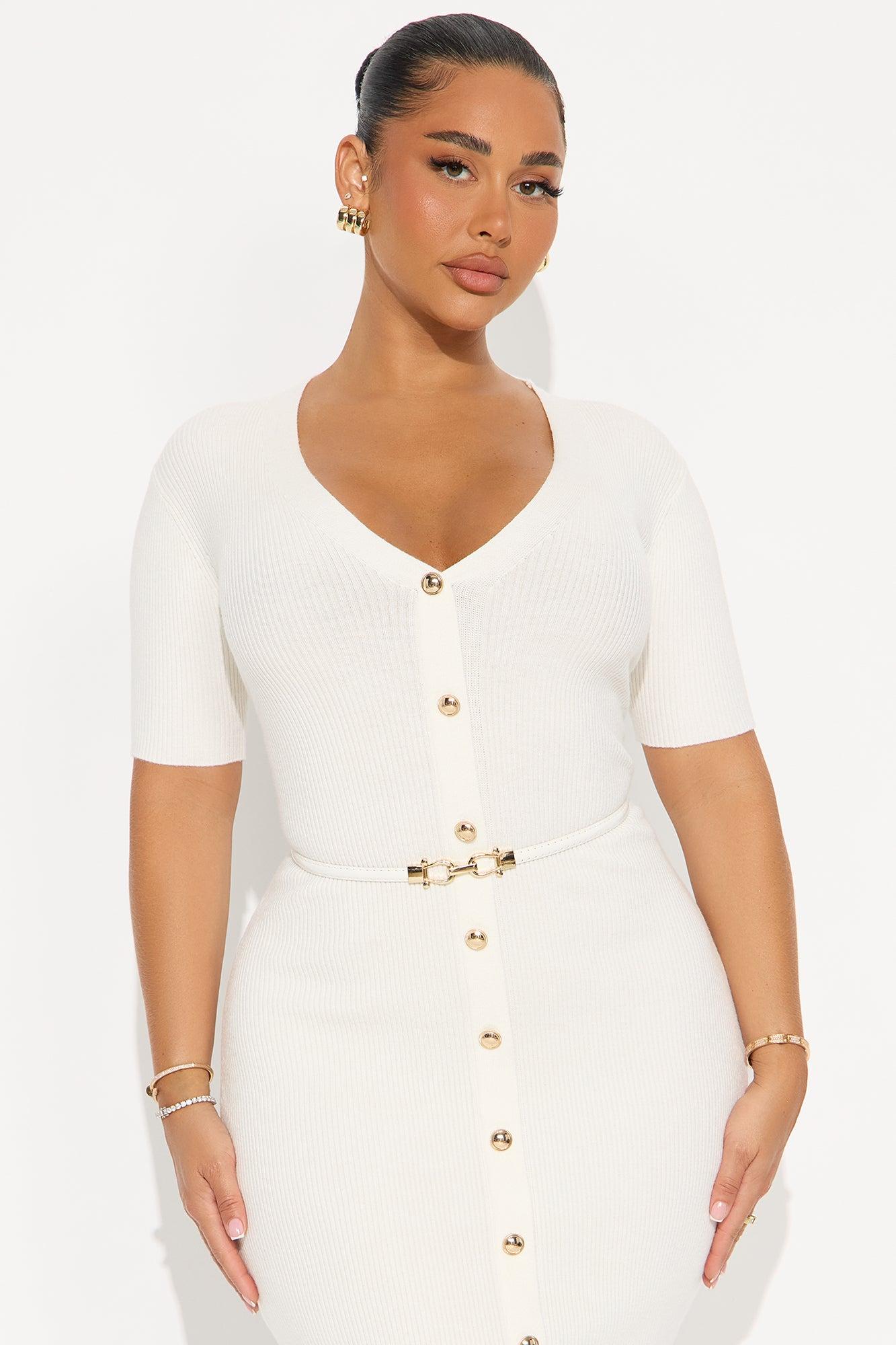 Kaia Belted Ribbed Midi Dress - White Female Product Image