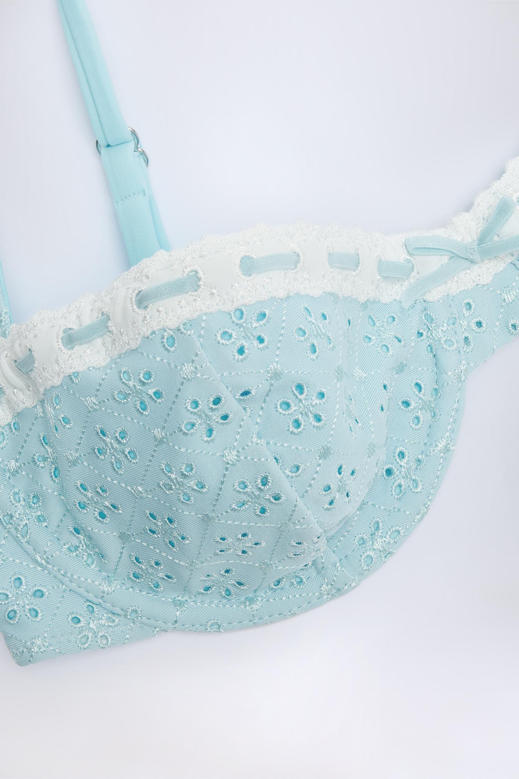 Broderie Anglaise Underwired Balconette Bikini Top in Powder Blue Product Image