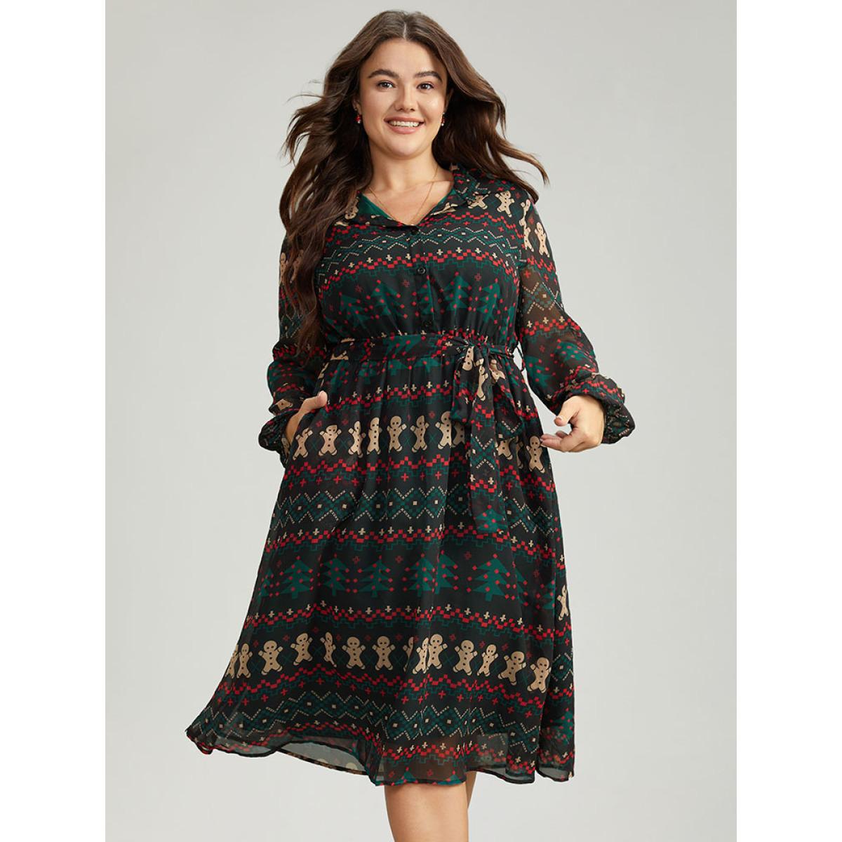 Plus Size Christmas Button Through Belted Mesh Patchwork Dress Cyan Women Office Elastic cuffs Shirt collar Long Sleeve Curvy Midi Dress BloomChic 18-20/2X Product Image