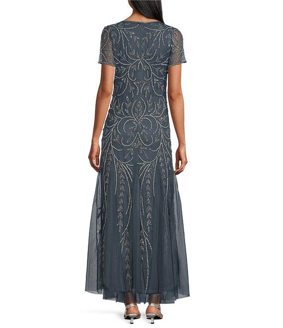 Pisarro Nights V-Neck Short Sleeve Godet Skirt Beaded Column Gown Product Image