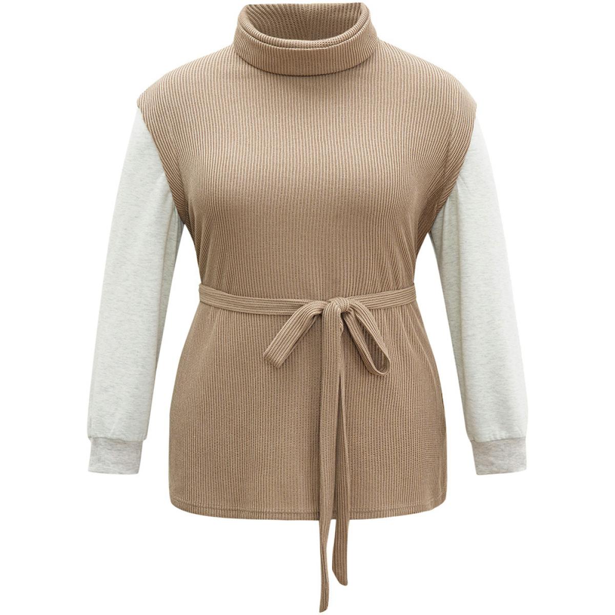 Plus Size 2-In-1 Turtleneck Texture Patchwork Belted Sweatshirt Women LightBrown Casual Texture Turtleneck Dailywear Sweatshirts BloomChic 10/M Product Image