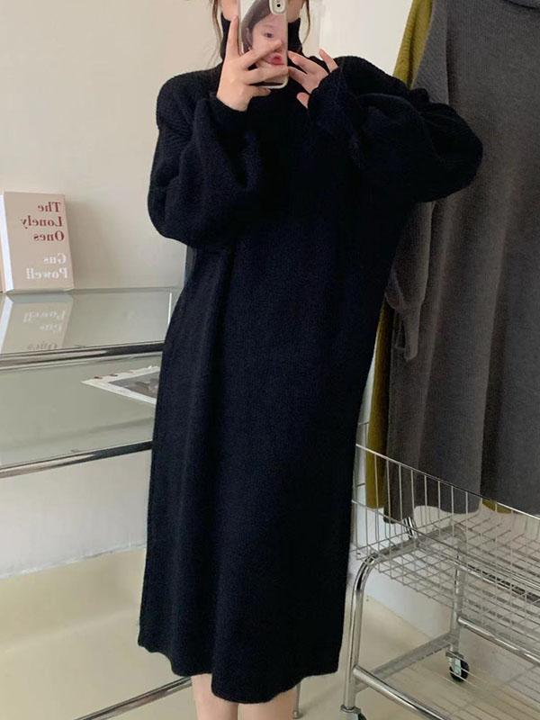 Long Sleeves Loose Solid Color High Neck Midi Dresses Sweater Dresses Product Image