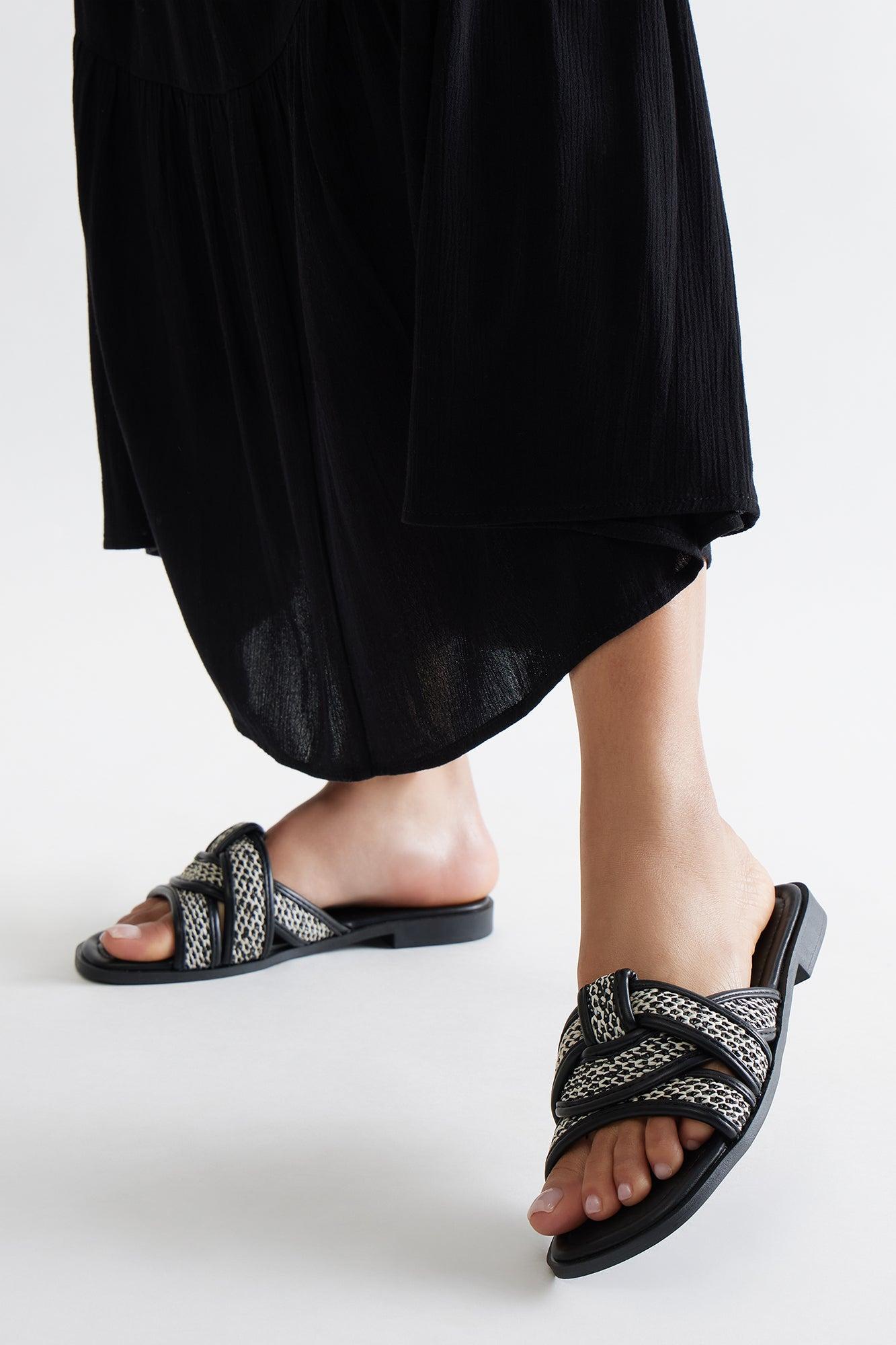 Sunday Raffia Strap Slip On Sandals - Black Product Image