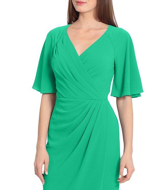 Maggy London Draped Faux Wrap Short Flutter Sleeve Surplice V-Neck Pebble Crepe Midi Dress Product Image