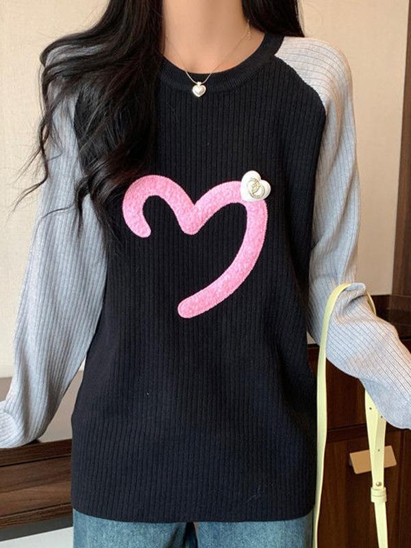 Contrast Color Heart Silhouette Embellished Long Sleeve Knit Product Image
