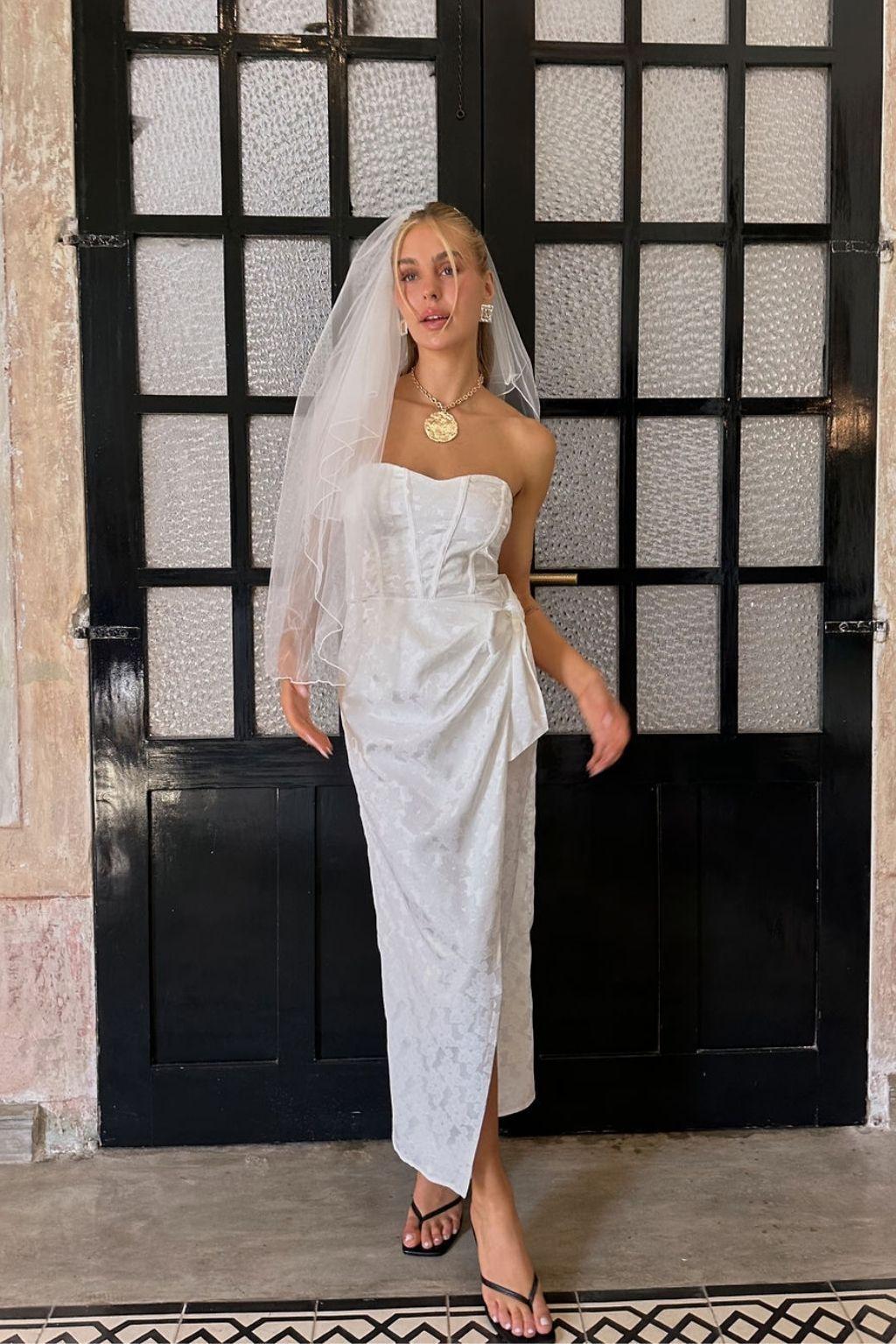 Brighton White Strapless Satin Wrap Dress Product Image