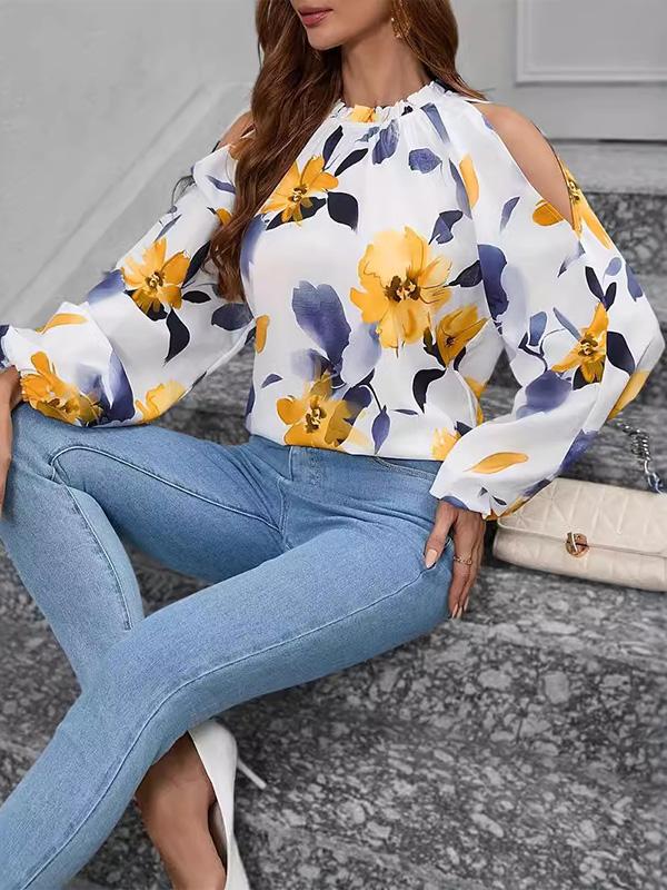 Long Sleeves Loose Elasticity Flower Print Pleated Cold Shoulder Blouses&Shirts Tops Product Image